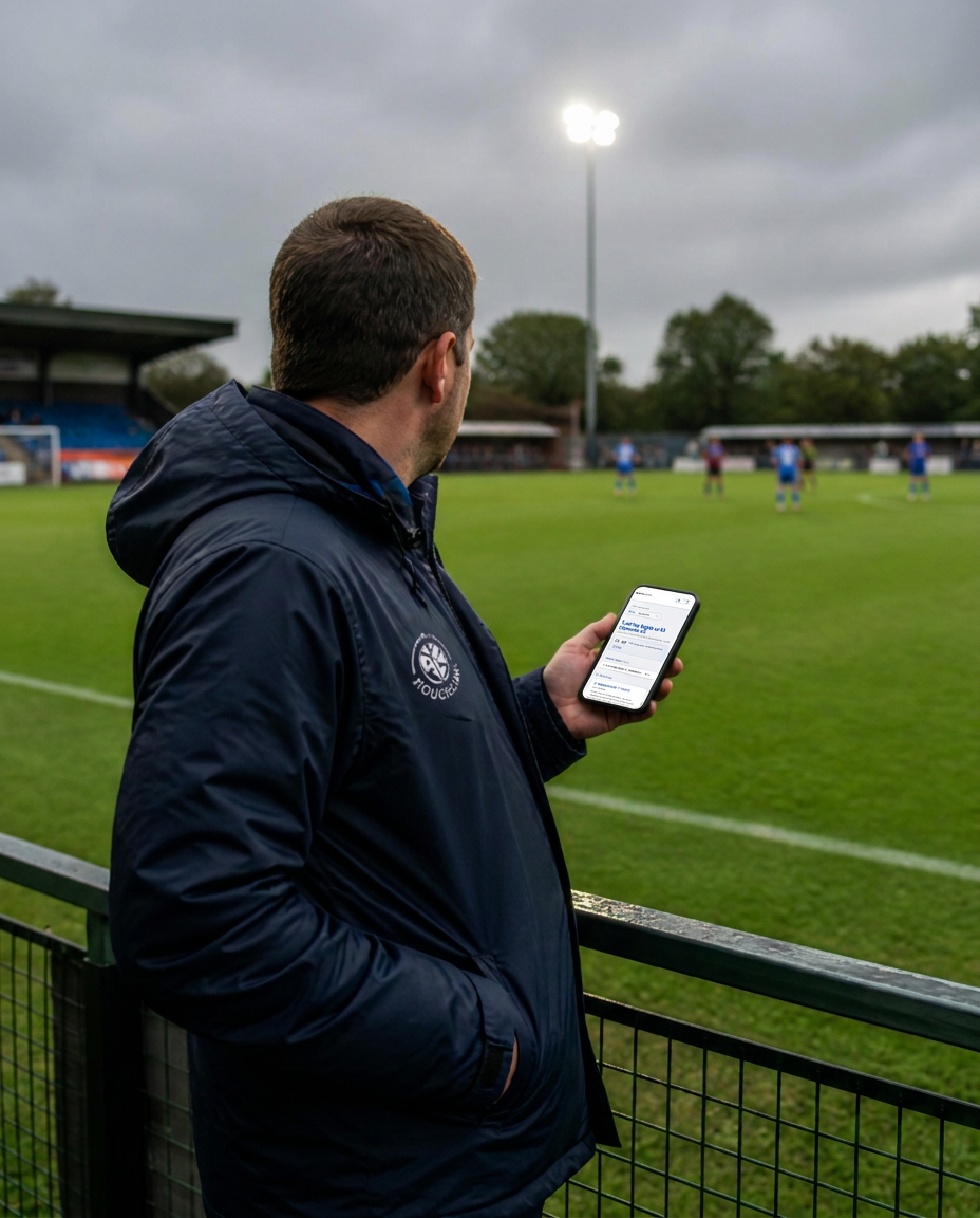 Club media volunteer covering a grassroots football match from the touchline on his phone