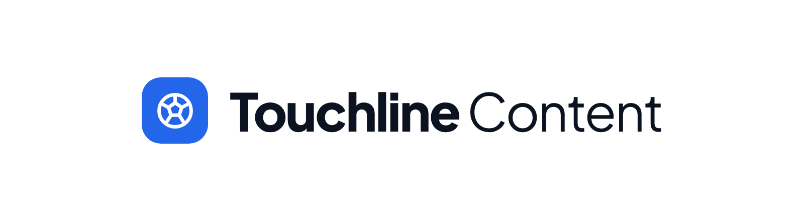Touchline Content primary logo: a blue rounded tile containing a soccer ball mark, beside the Touchline Content wordmark